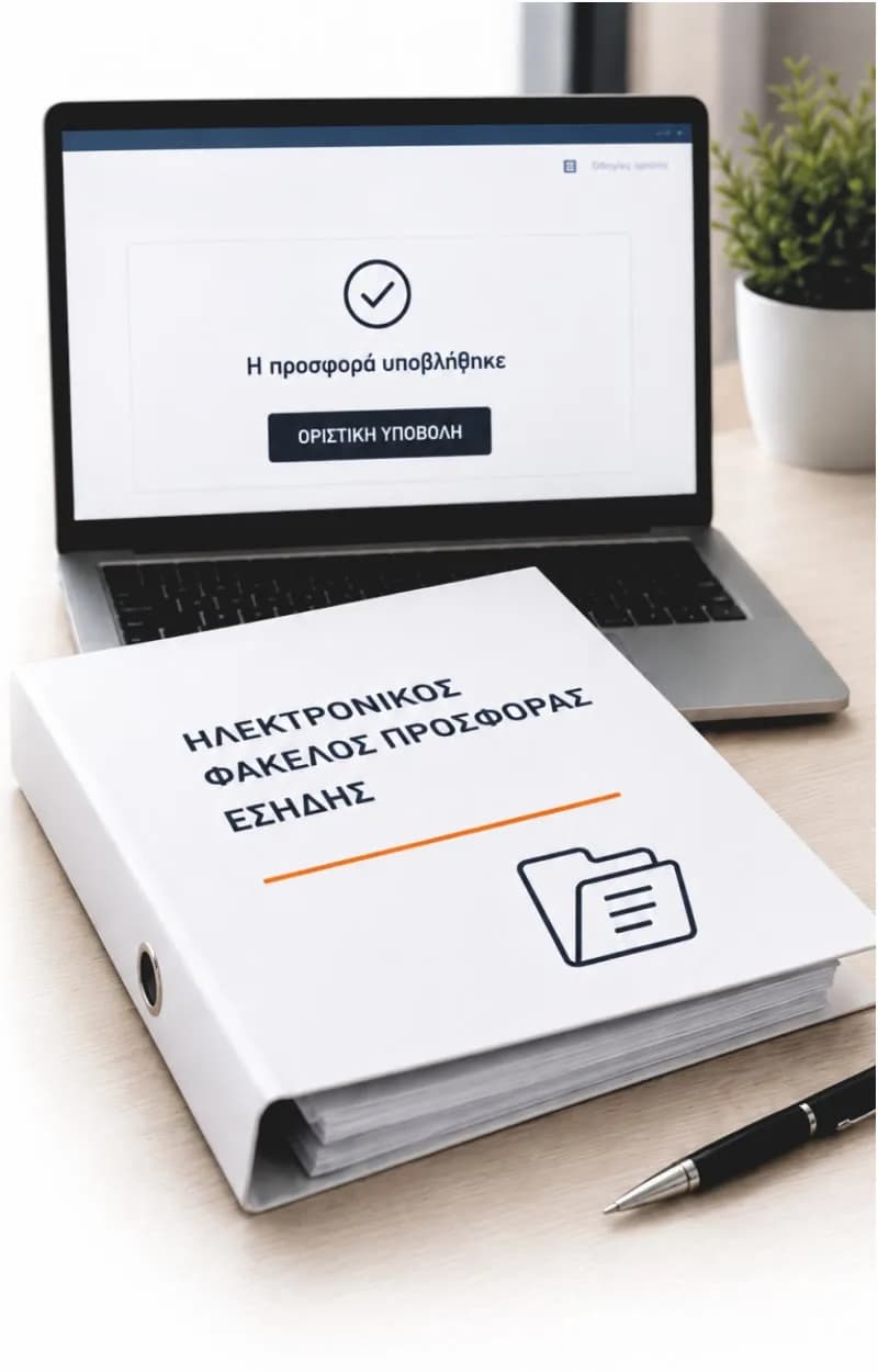 Φορητός υπολογιστής με επιβεβαίωση υποβολής προσφοράς και κλασέρ «Ηλεκτρονικός φάκελος προσφοράς ΕΣΗΔΗΣ»